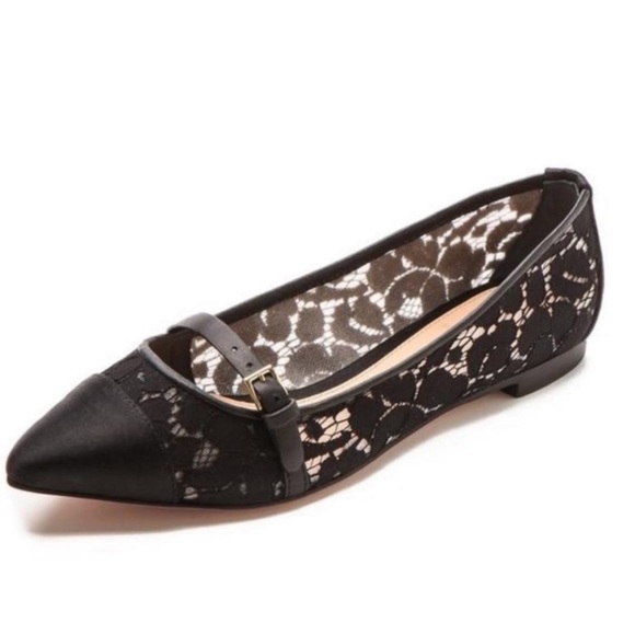 Tory Burch Black Sutton Pointed Toe Camellia Lace Satin Flats